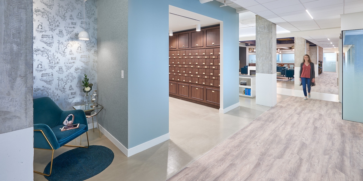 Open office space with long hallway.