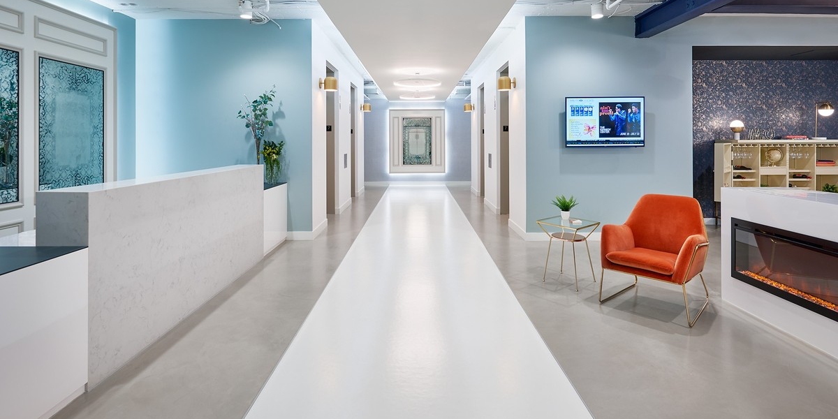 Hallway in an open office area.